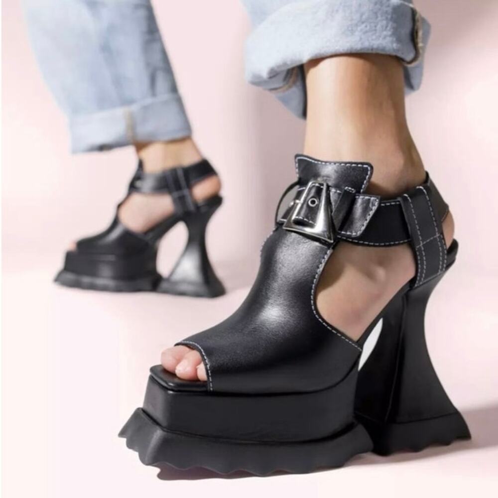 John Fluevog Munster Max Daisy T-Strap Platform Heels in Black